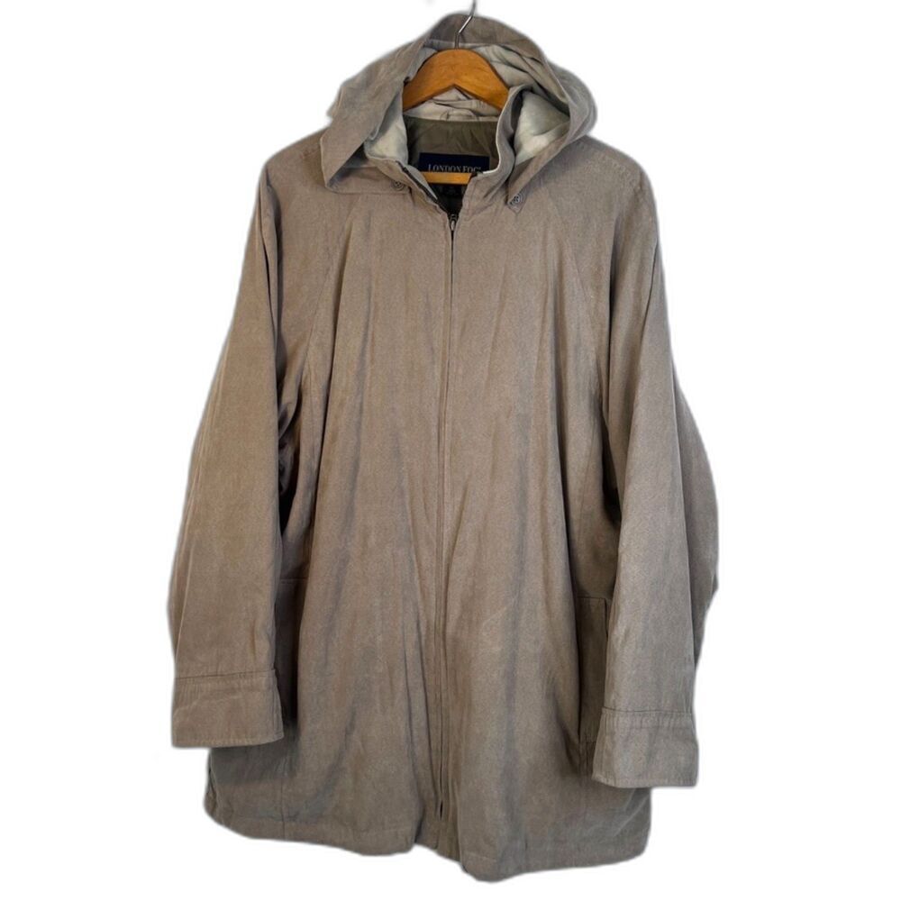 London Fog Hooded Lightweight Suede-Like Zip Up‎ Neutral Jacket Lined Size XL